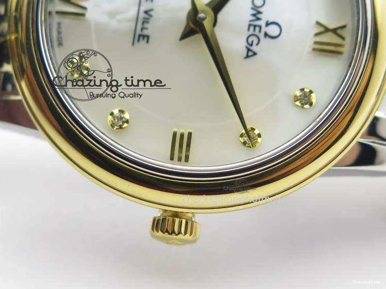 0315 OnTrend De Ville 27mm SS YG Ladies MK 1:1 Best Edition White MOP Dial Diamond Markers On SS Bracelet Ronda Quartz 8187